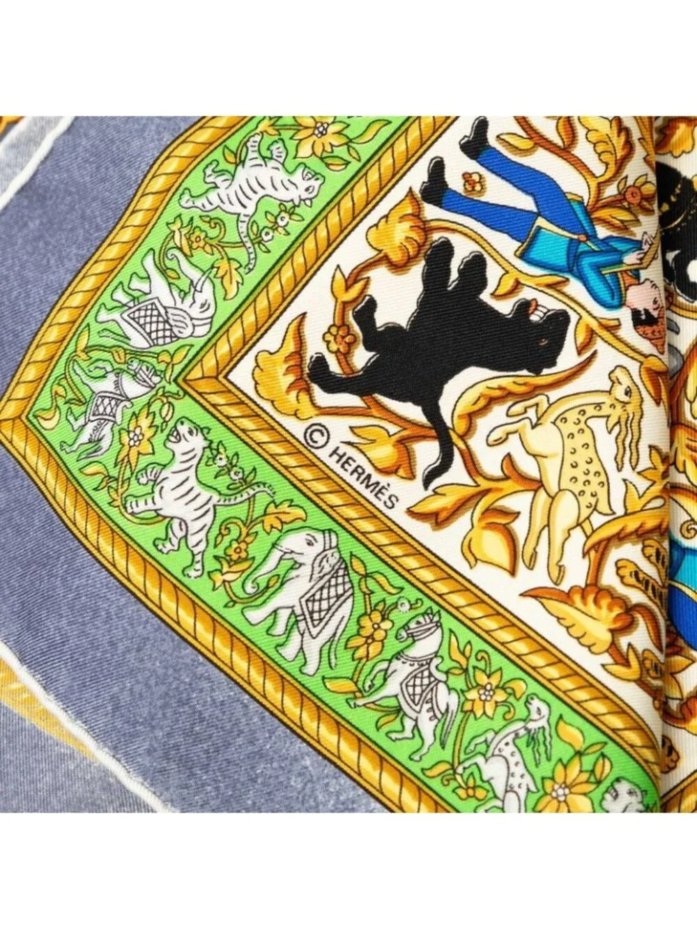 Hermes Carre 90 Chasse en Inde Indian Hunting Scarf Green Silk